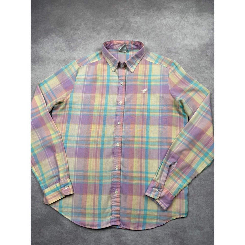 VTG Wrangler Pastel Multi Pink Plaid Madras Button Shirt Western Juniors Sz 11